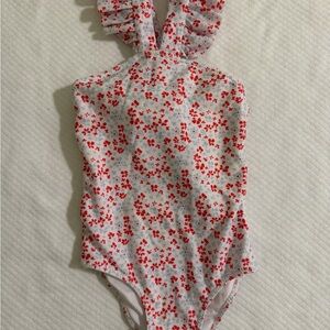 Kids One-Piece Swimsuit with Red Floral Print